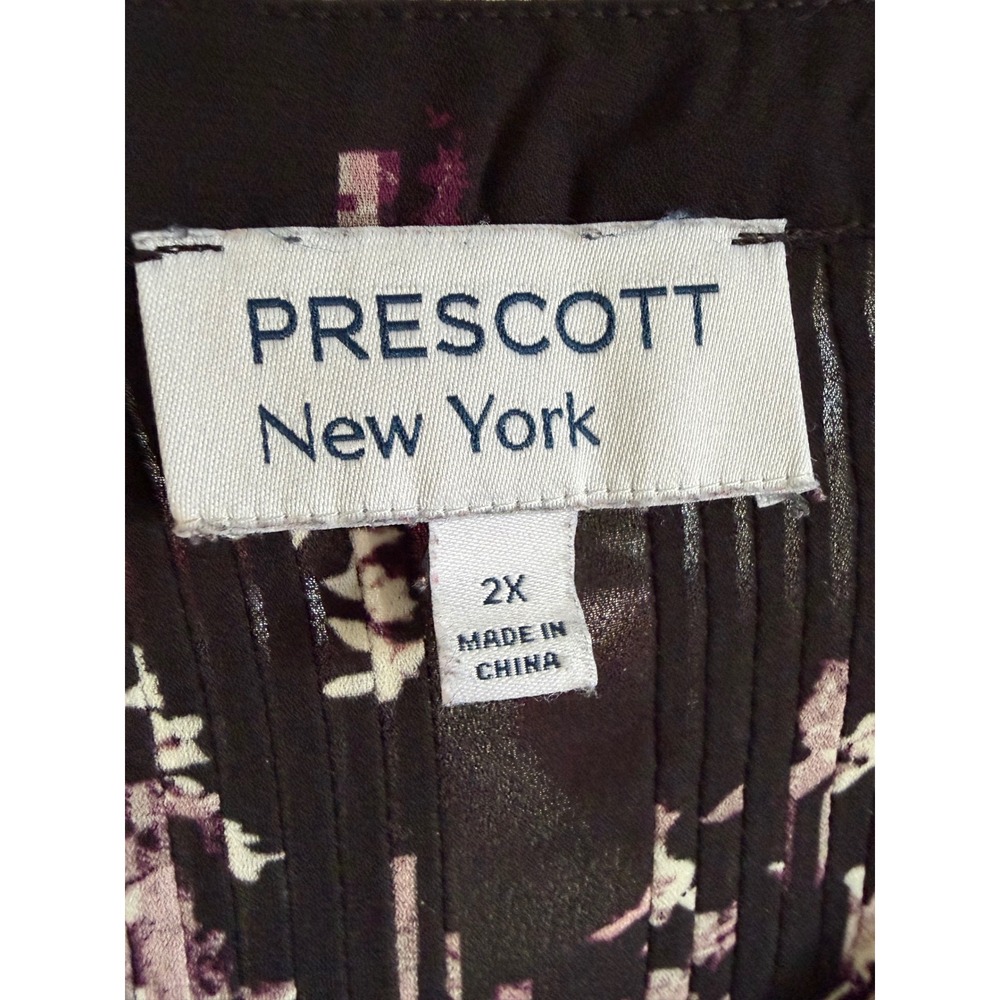 Prescott New York Womens 2X Floral Pintuck Blouse Black Purple 3/4 Bell Sleeve‎ - Picture 4 of 7